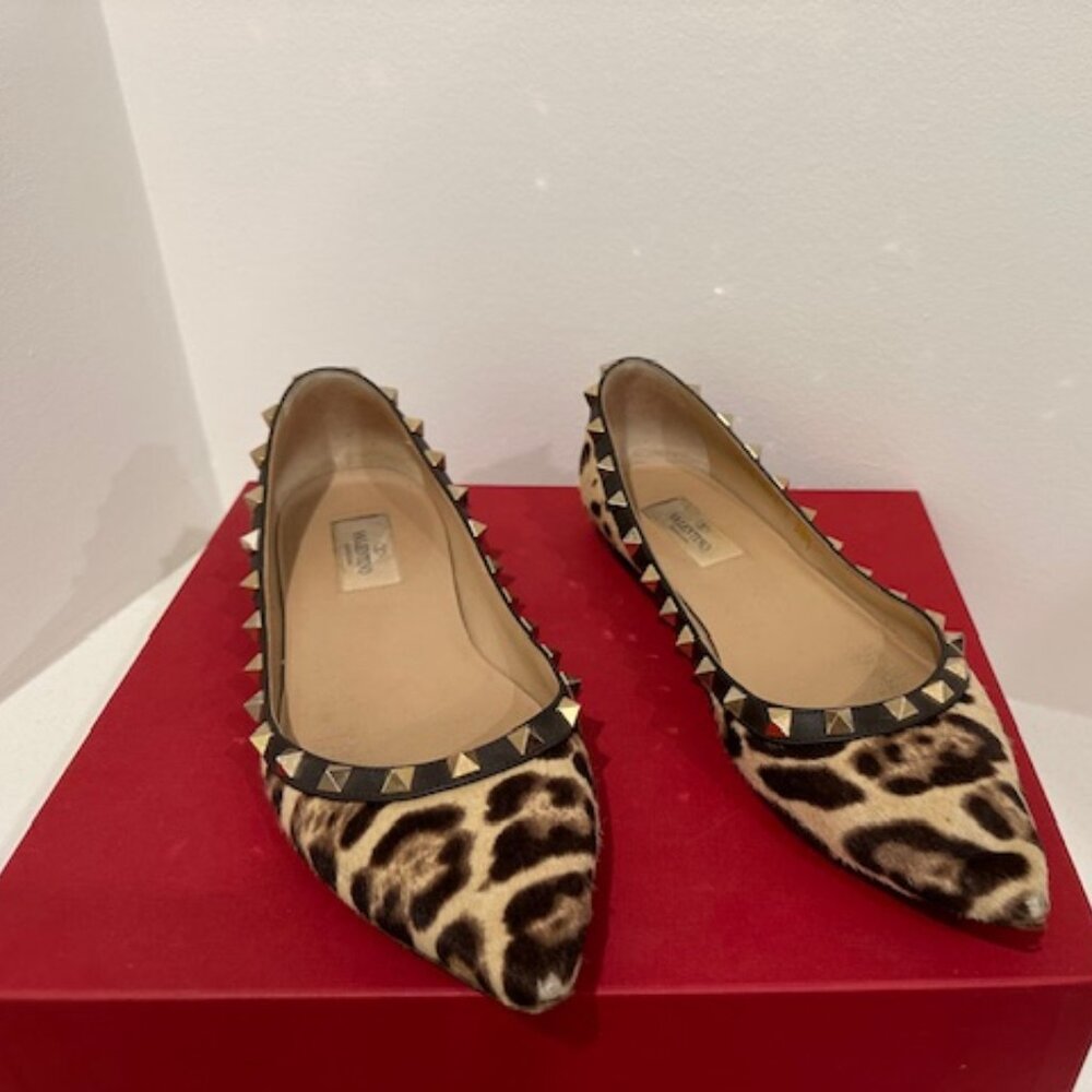 Valentino Rockstud Ballet Flats Pony Hair Animal Print Sz 38.5